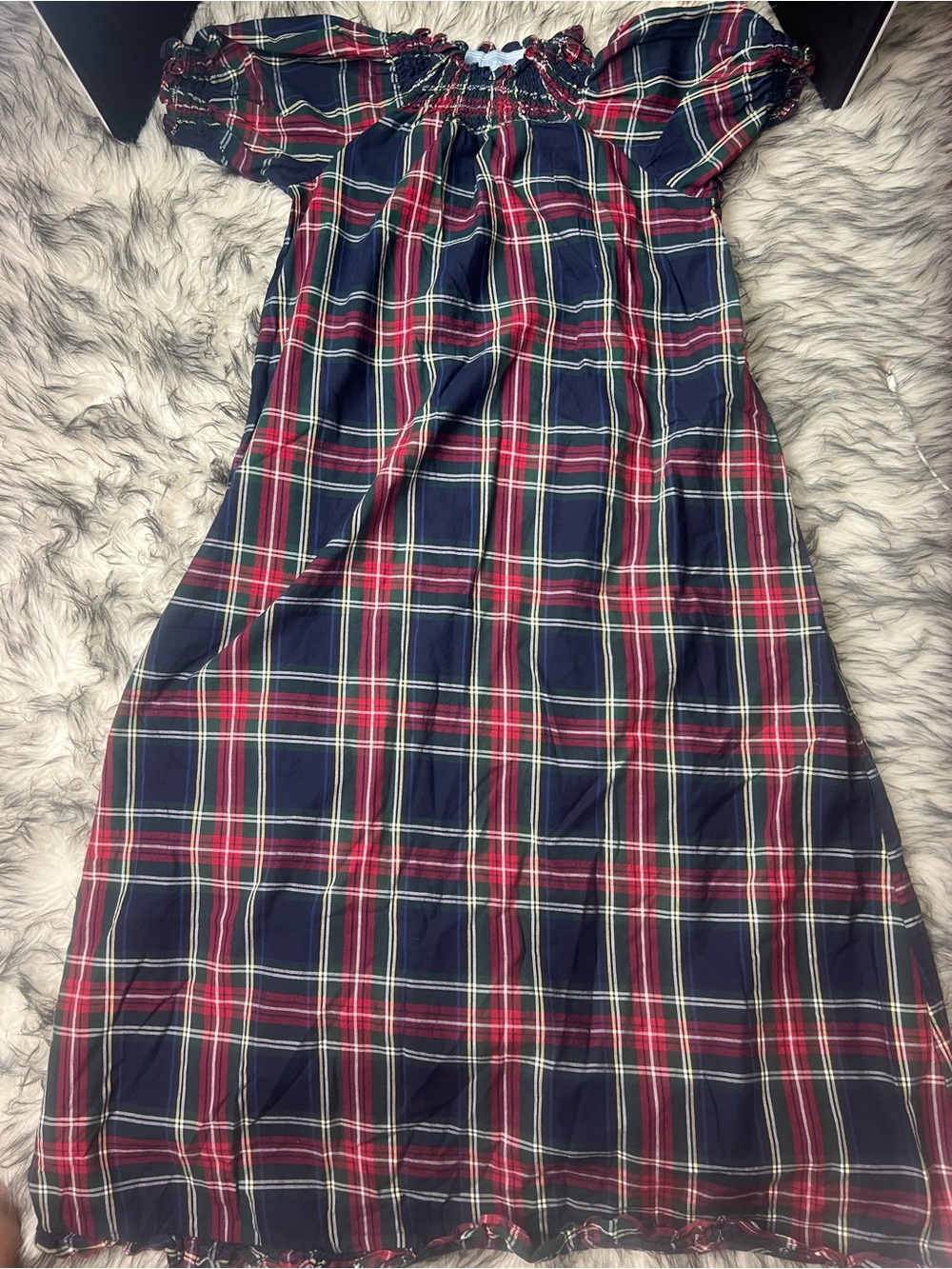 Hill House Plaid Off-Shoulder Dress in Navy, Red, Green